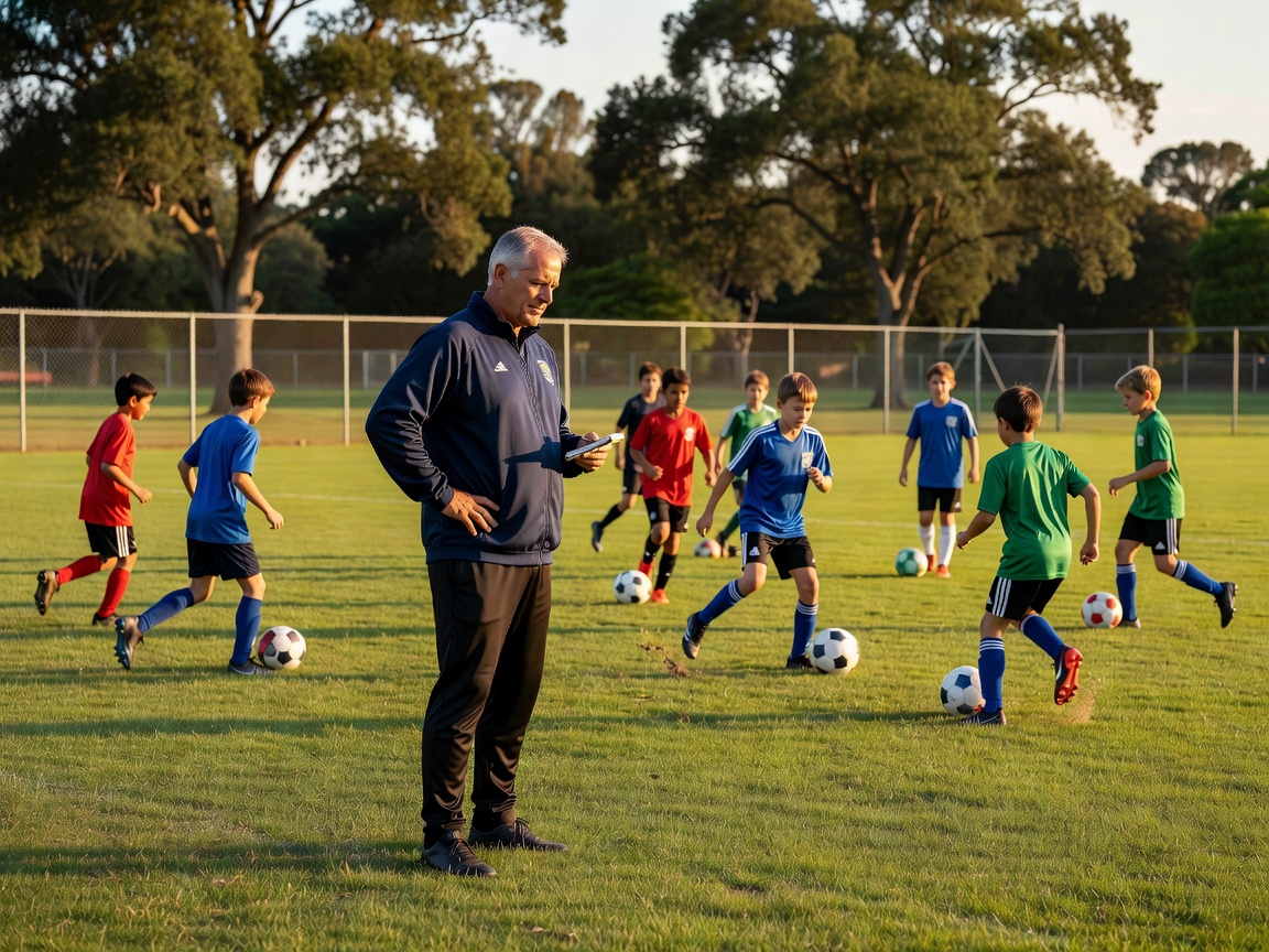 Coach observing a youth football training session