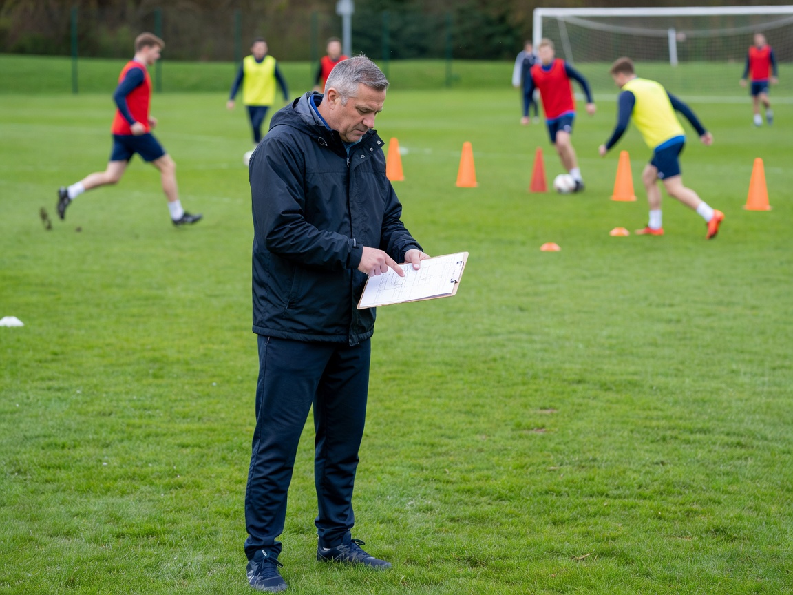 Coach reviewing a football training plan beside a pitch