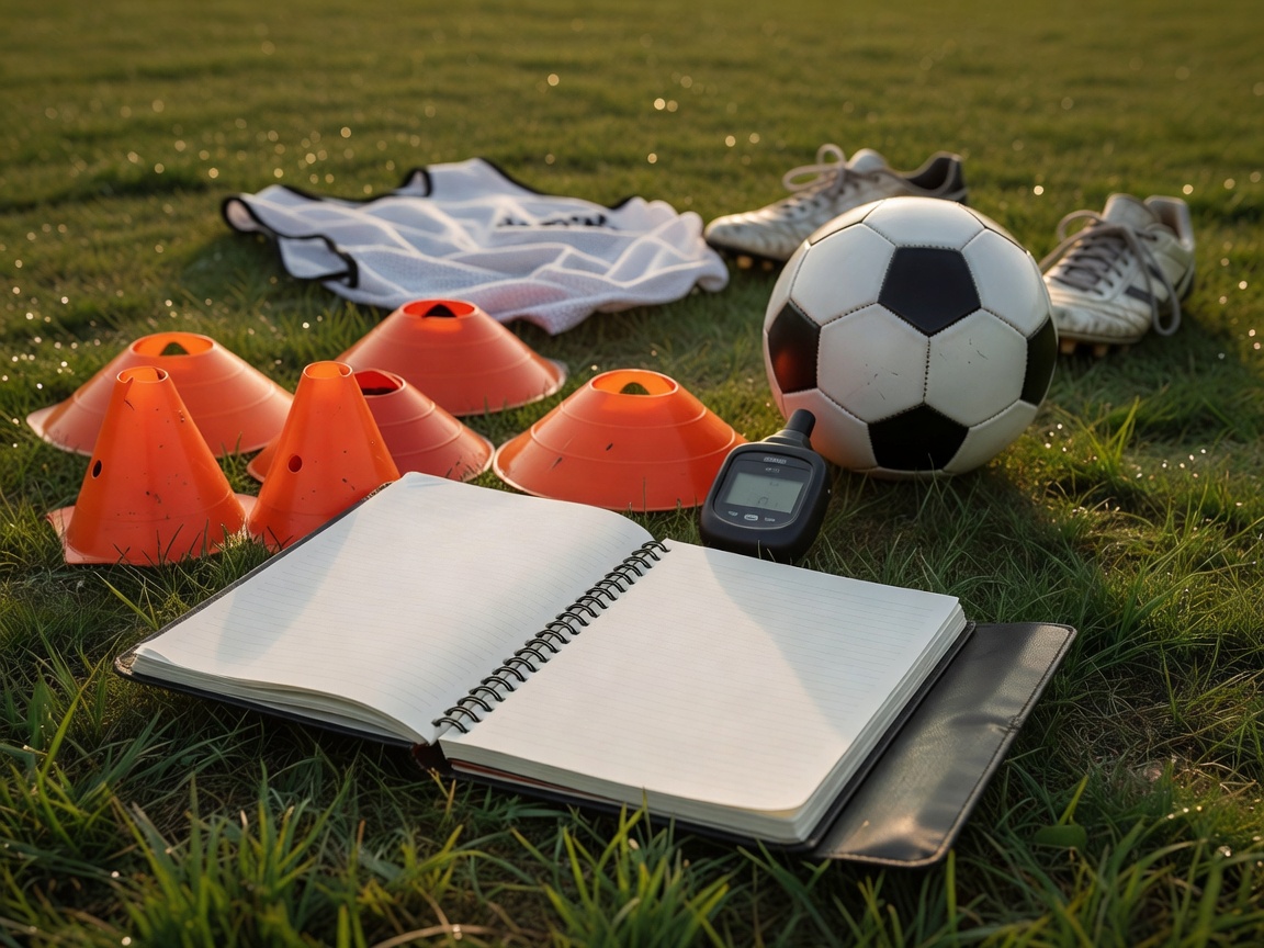 Coaching notebook beside football training equipment