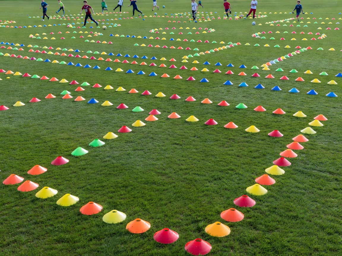Football cones arranged for a youth training camp