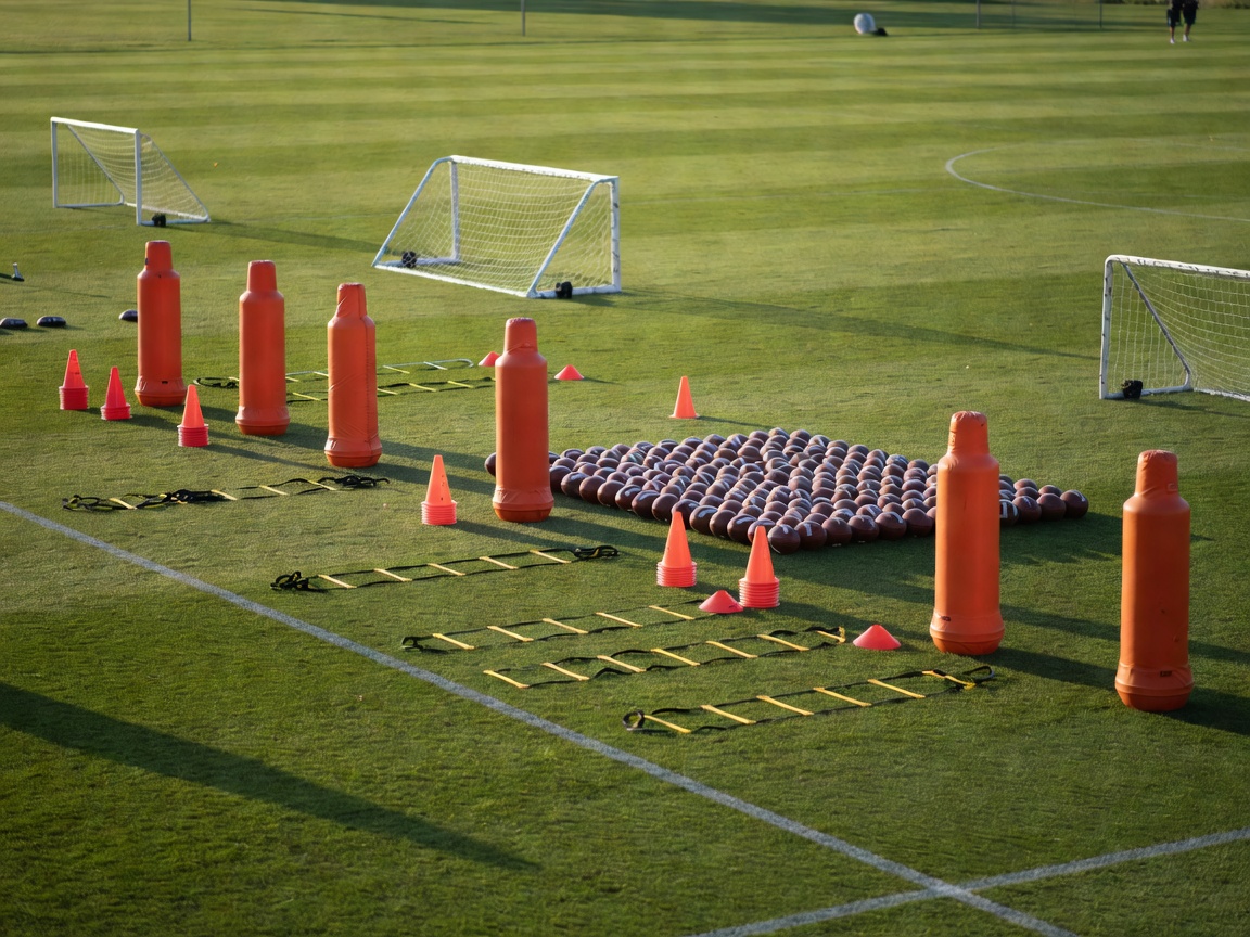 Football training camp equipment arranged beside a pitch