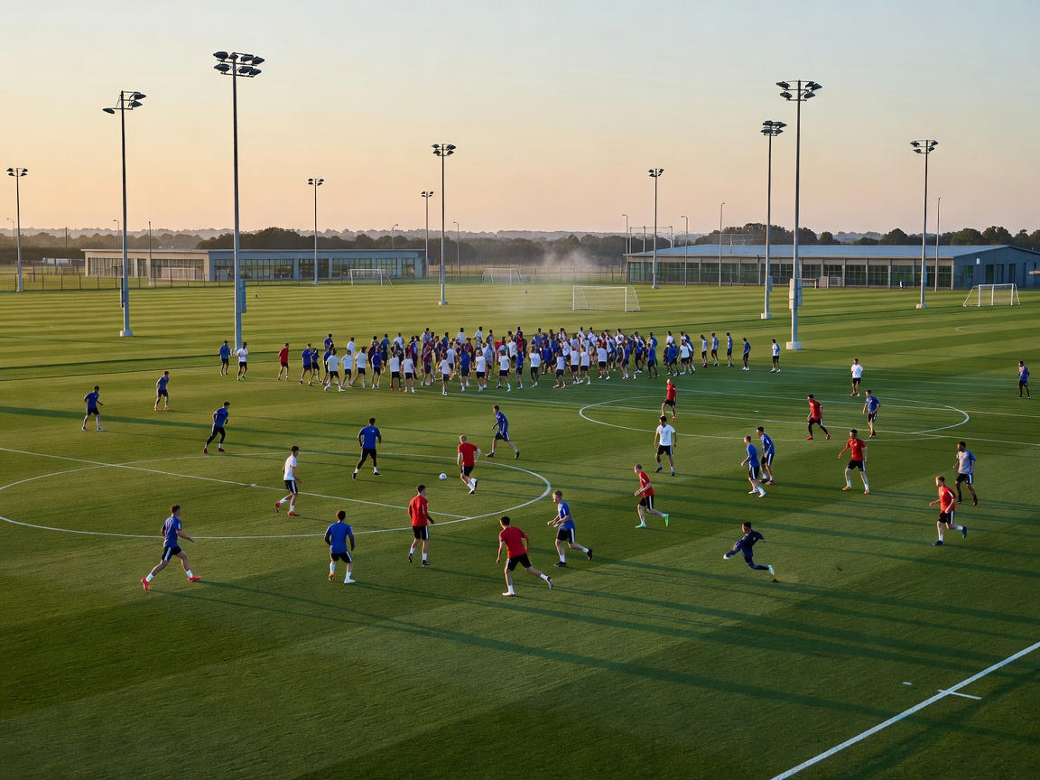 Football training facility with marked pitches and floodlights