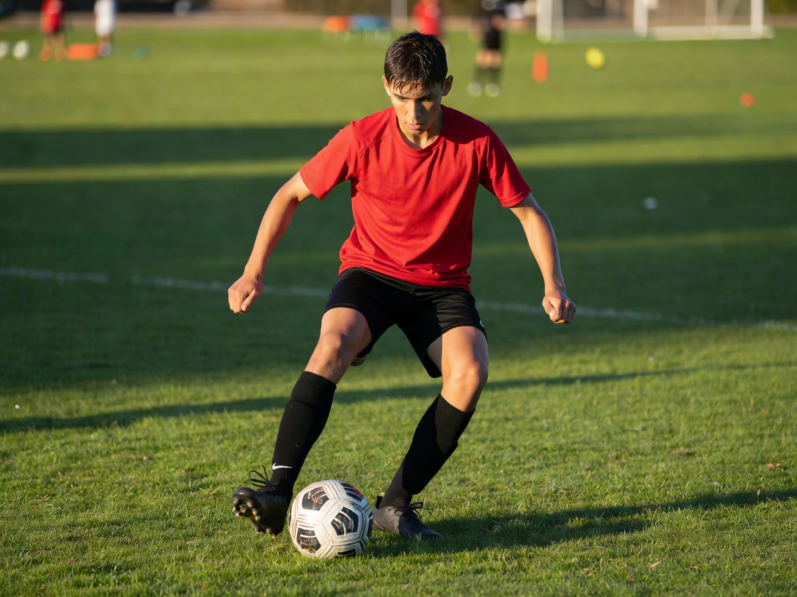 Young football player practising close control during training