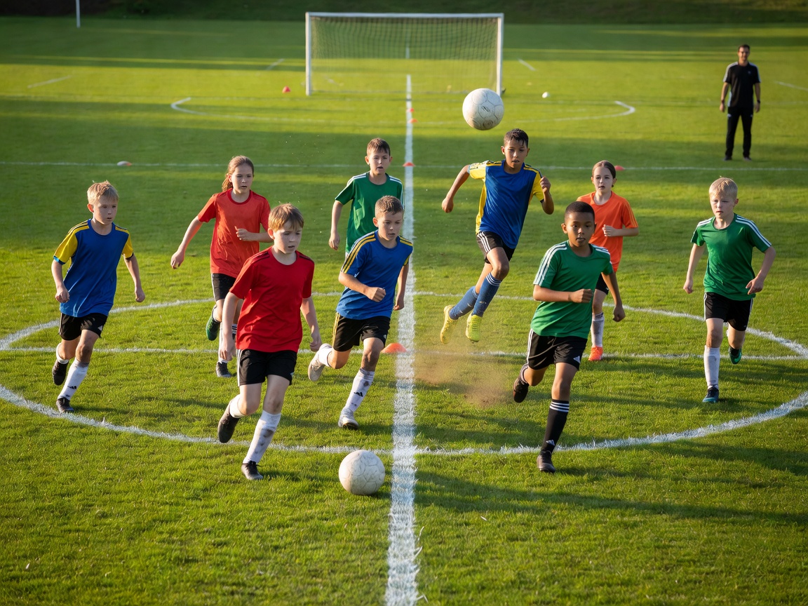Young football players training on a marked grass pitch