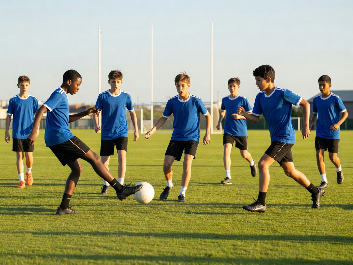 Youth football academy players working through a passing exercise